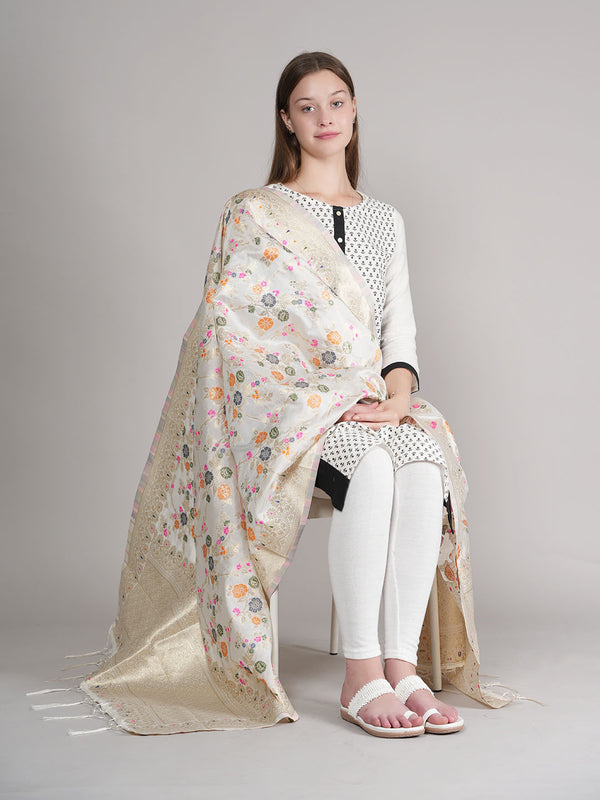 White Paithani Silk Dupatta with Multicolour Floral Zari Weave (Size: 2.5x1 m Approx)