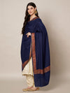 Woolen Women Shawl in Blue with Embroidered Traditional Border (80 x 40 Inches)