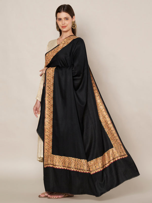 Solid Black Woolen Women Shawl with Rich Embroidered Border – 80 x 40 Inches