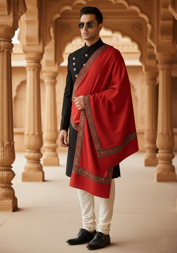 Woolen Mens Shawl in Warm Red with Heritage-Inspired Embroidered Border (80 x 40 Inches)