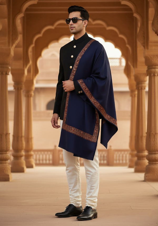 Blue Woolen Mens Shawl with Traditional Multicolour Embroidered Border (80 x 40 Inches)