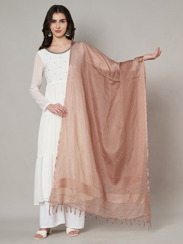 Elegant Light Brown Cotton Dupatta with Subtle Woven Stripes & Tassel Detailing (Size: 2.5x1 m Approx)