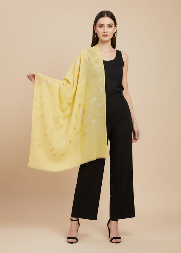 Micro Wool Yellow Feather Motif Women Stole | Soft Wrap with Subtle Woven Accents (80 × 28 Inches)