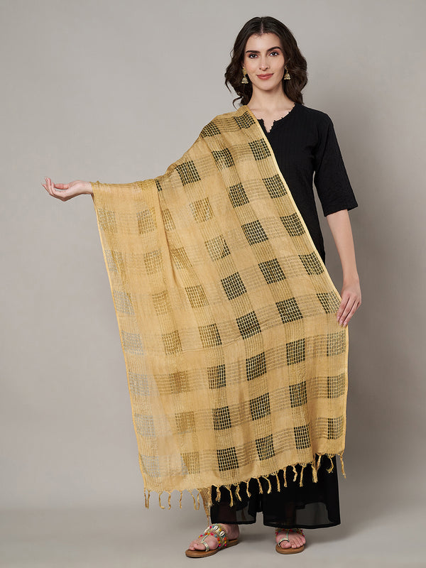 Beige Cotton Woven Check Dupatta with Tassel Detailing (Size: 2.5x1 m Approx)