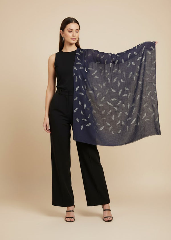 Micro Wool Navy Blue Feather Motif Women Stole | Soft Wrap with Subtle Woven Accents (80 × 28 Inches)