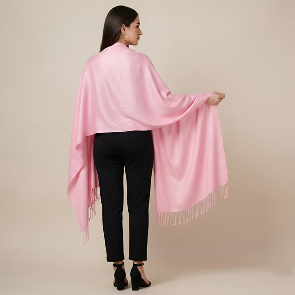 Solid Viscose Pink Women Stole with Soft Drape & Fringed Finish | Lightweight Everyday Wrap (80 × 28 Inches)