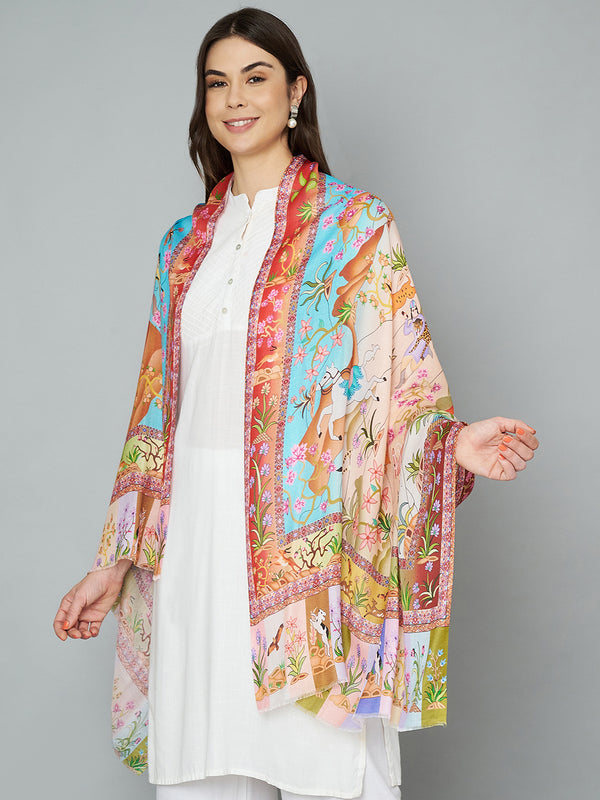 Bamboo Silk Heritage Printed Women Stole | Elegant Artisanal Statement Wrap (80 × 28 Inches)
