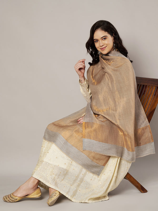 Reversible Wool Grey Women Stole with Moonlight Zari Border | Elegant Winter Wrap | 80 × 28 Inches