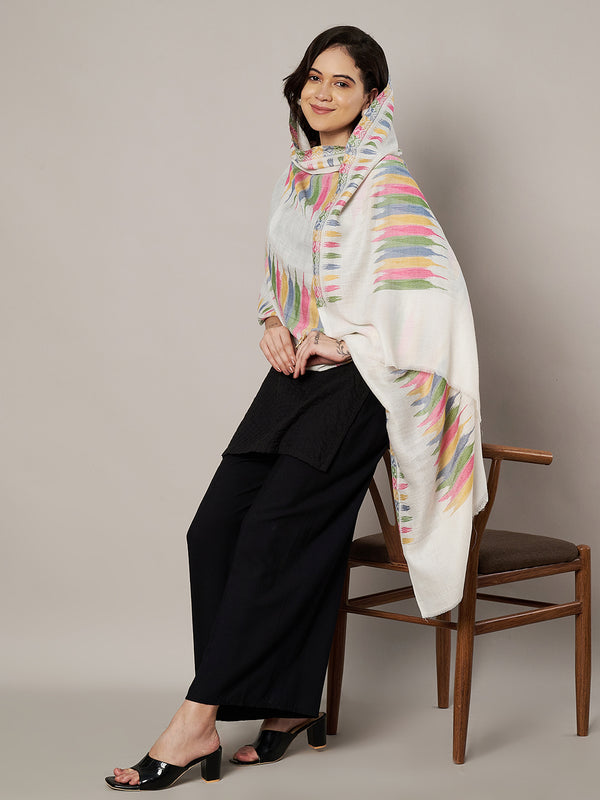 Woolen Women Stole with Ikat-Inspired Woven Motifs | Elegant Ethnic Wrap (80 × 28 Inches)