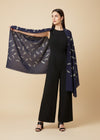 Micro Wool Navy Blue Feather Motif Women Stole | Soft Wrap with Subtle Woven Accents (80 × 28 Inches)