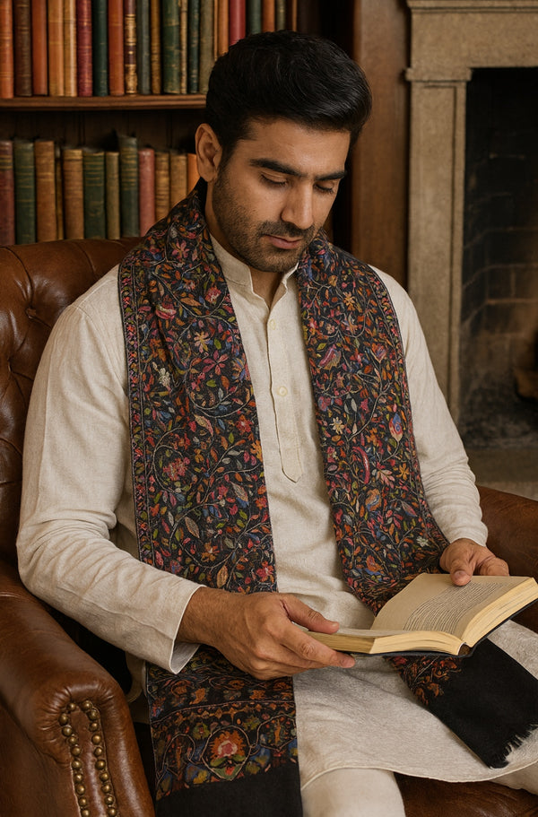 Bamboo Silk Black Kashmiri Mens Stole with Classic Paisley Weave | Elegant Ethnic Accessory | 80×28 Inches