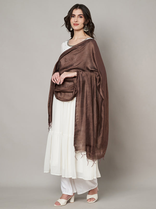 Brown Solid Cotton Dupatta with Subtle Texture & Tassel Ends (Size: 2.5x1 m Approx)