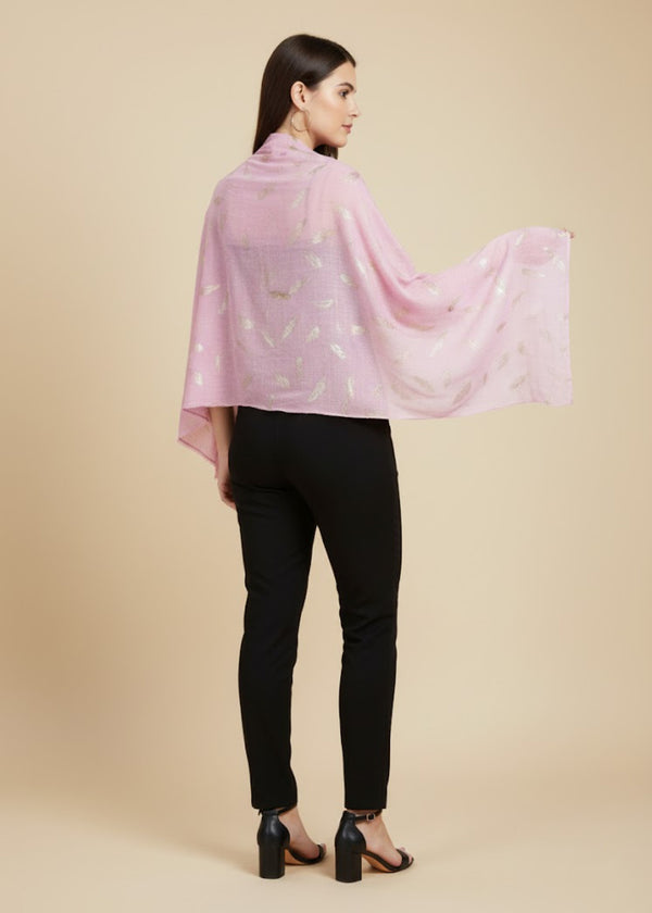 Micro Wool Pink Feather Motif Women Stole | Soft Wrap with Subtle Woven Accents (80 × 28 Inches)