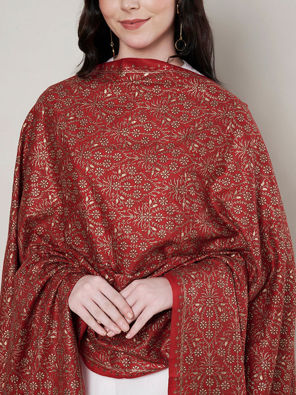Woolen Women Shawl in Maroon with All-Over Floral Jaal Weave (80 x 40 Inches)