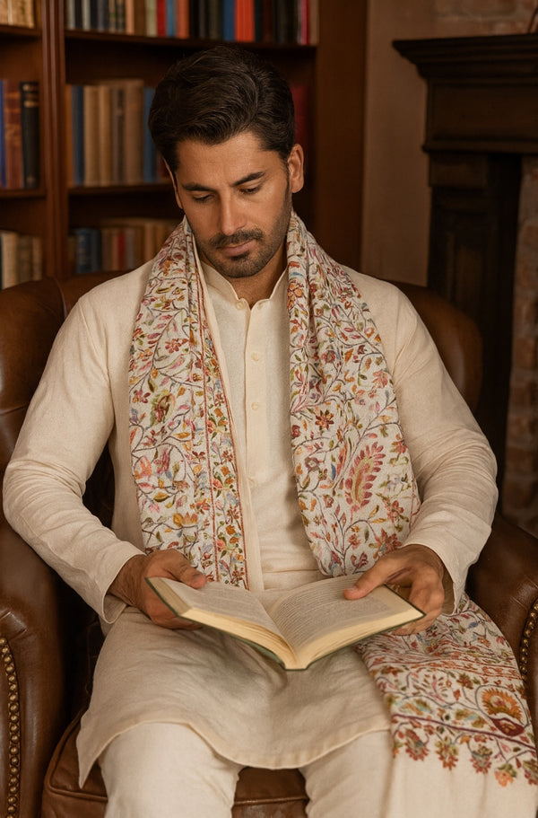 Bamboo Silk White Kashmiri Mens Stole with Classic Paisley Weave | Elegant Ethnic Accessory | 80×28 Inches