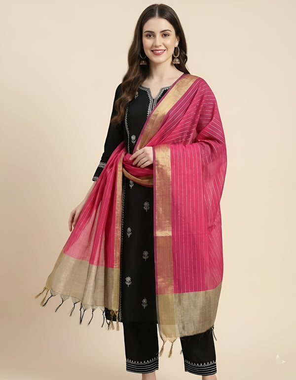 Rani Striped Silk Dupatta with Zari Border | Elegant Ethnic Drape (2.5 Metres Approx.)