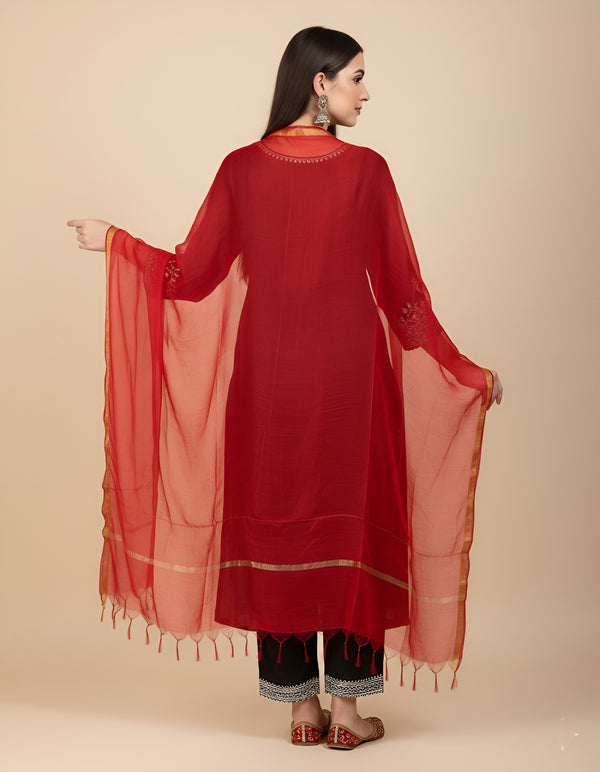 Red Monica Cotton Dupatta with Woven Motifs | Elegant Ethnic Drape (2.5 Metres Approx.)