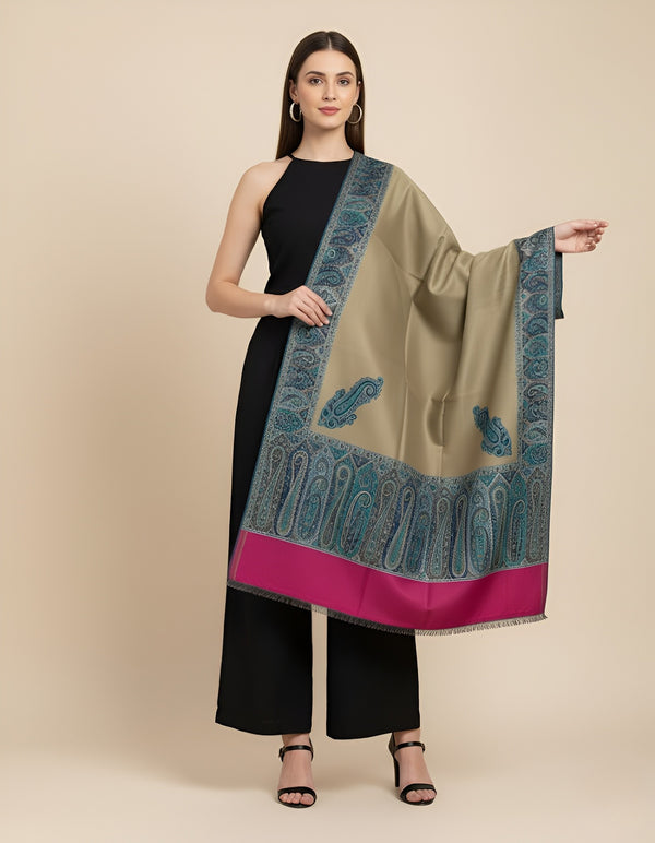 Bamboo Silk Gold Women Shawl with Intricate Paisley Border | Elegant Heritage Wrap (80 × 40 Inches)