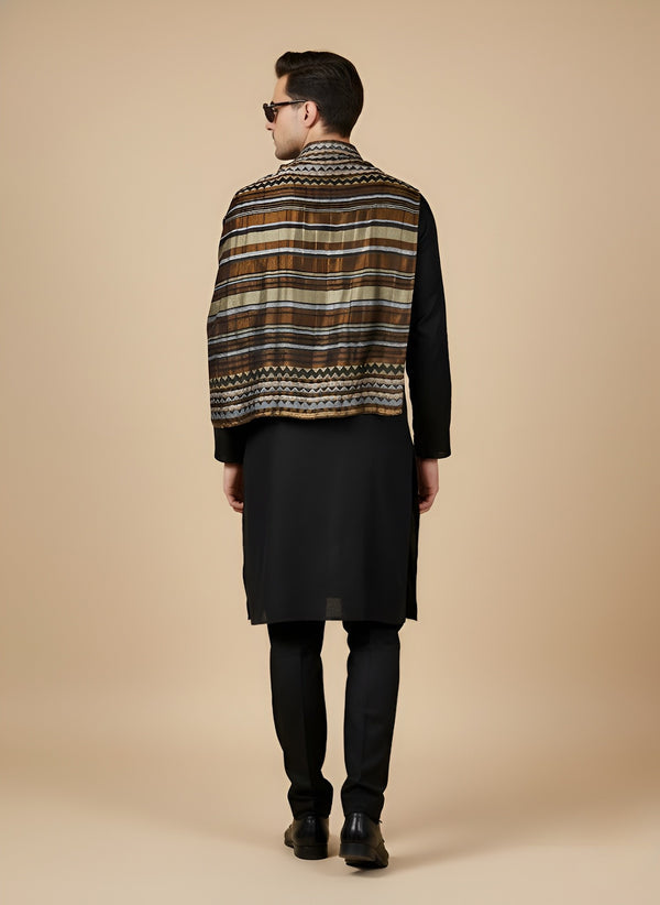 Woolen Zig-Zag Moonlight Zari Mens Stole | Heritage Wrap (80 x 28 Inches)