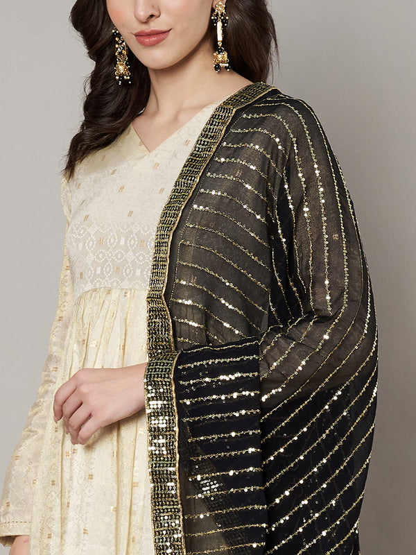 Black Chinon Dupatta with Gold Stripe Sequin Work & Gota Border (Size: 2.5x1 m Approx)