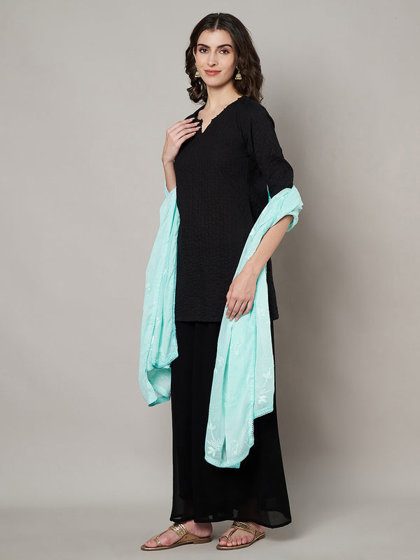 Soft Blue Dupatta with Cotton Thread Floral Embroidery & Lace Border (Size: 2.5x1 m Approx)