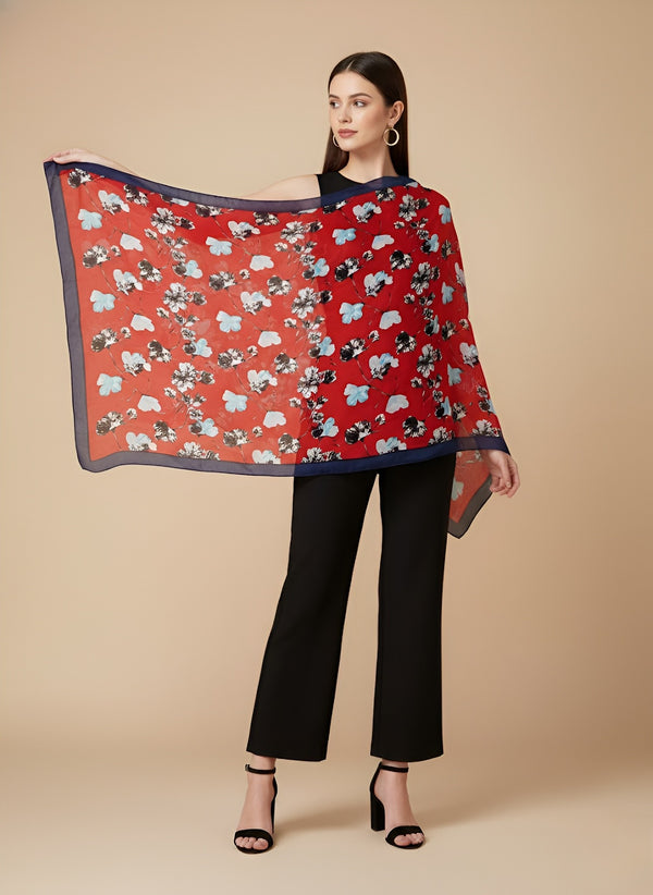 Printed Silk Women Stole with Artistic Motif Design | Elegant Lightweight Wrap (80 × 28 Inches)