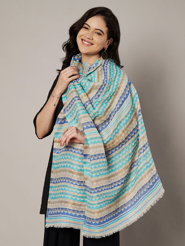 Woolen Zig-Zag Moonlight Zari Women Stole | Traditional Winter Wrap (80 x 28 Inches)