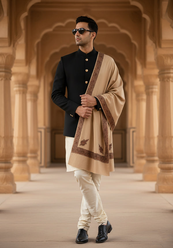 Elegant Light Brown Woolen Mens Shawl with Embroidered Border – Ethnic Wrap (80 x 40 Inches)