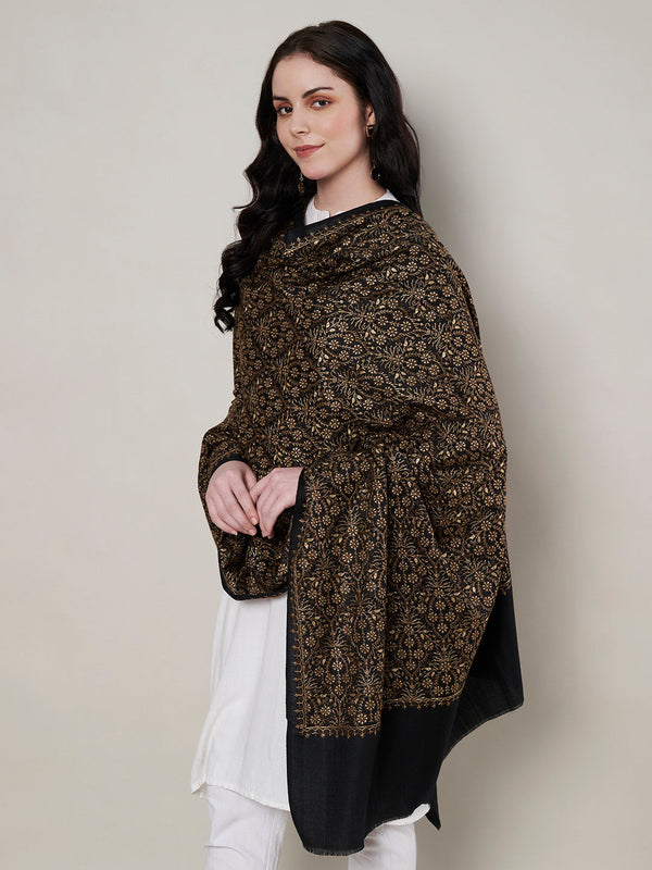 Woolen Women Shawl in Black with All-Over Floral Jaal Weave (80 x 40 Inches)