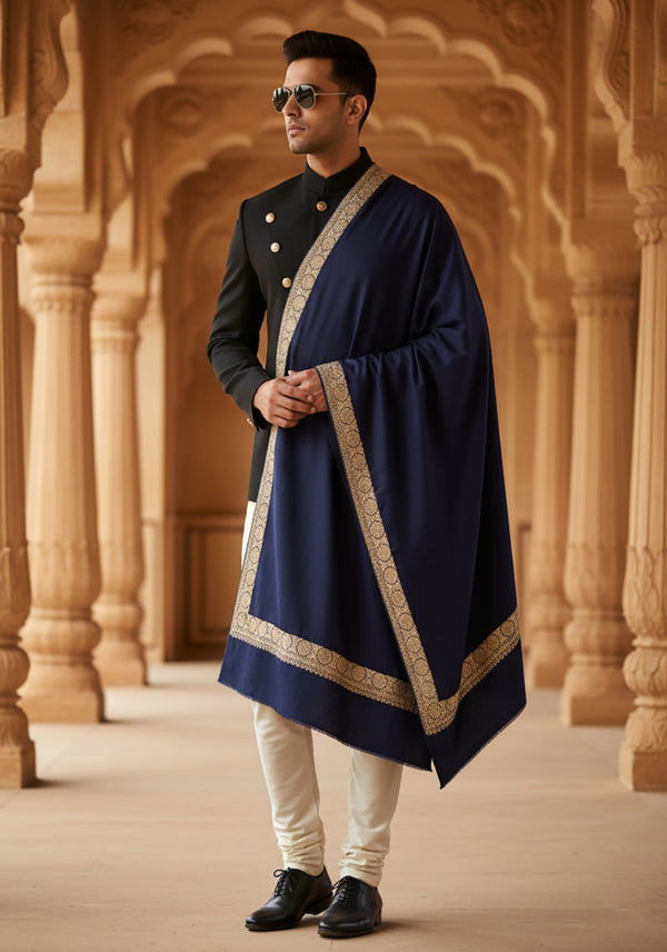 Blue Woolen Mens Shawl with Gold Border – 80x40 Inches