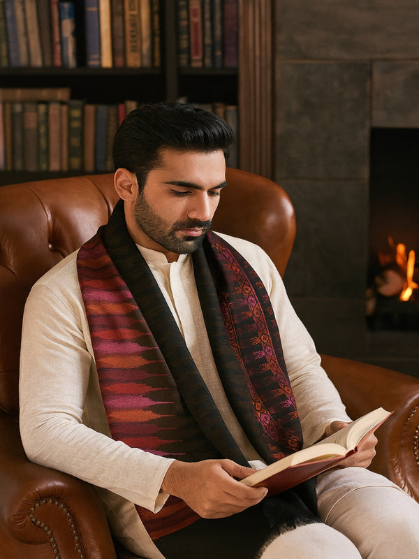 Woolen Mens Stole with Ikat-Inspired Woven Design | Refined Ethnic Wrap (80 × 28 Inches)