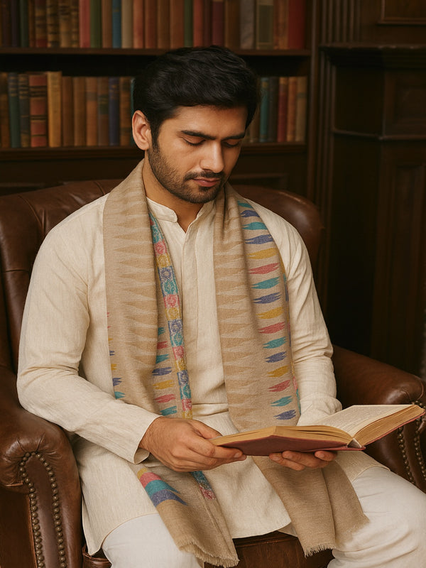 Woolen Mens Stole with Ikat-Inspired Woven Design | Refined Ethnic Wrap (80 × 28 Inches)