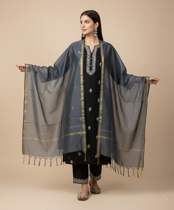 Grey Monica Cotton Dupatta with Woven Motifs | Elegant Ethnic Drape (2.5 Metres Approx.)