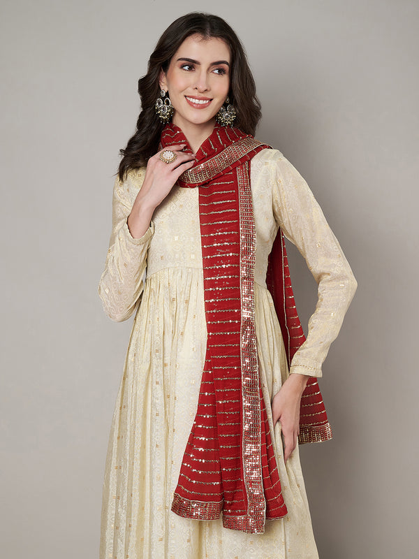 Maroon Chinon Dupatta with Gold Stripe Sequin Work & Gota Border (Size: 2.5x1 m Approx)