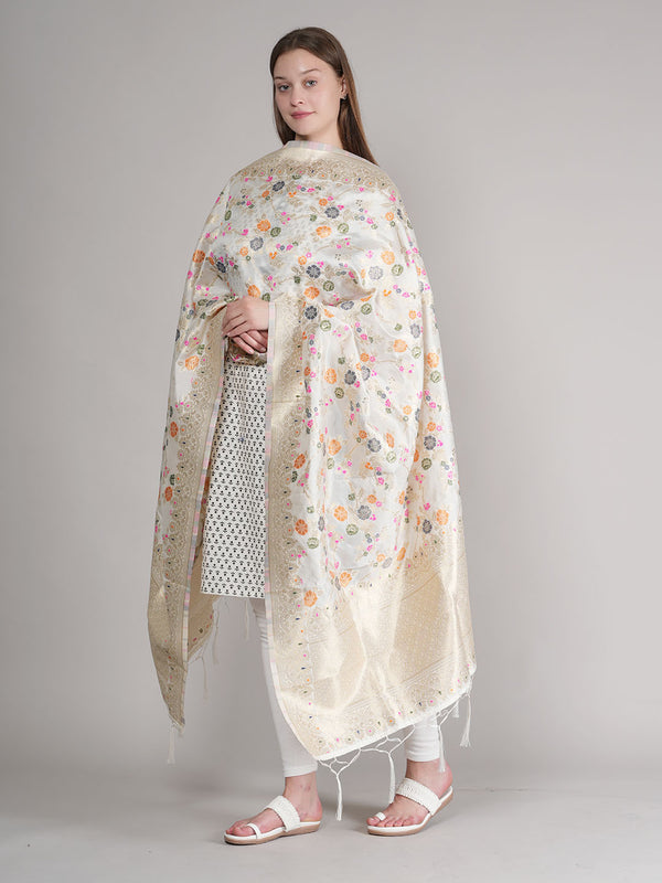 White Paithani Silk Dupatta with Multicolour Floral Zari Weave (Size: 2.5x1 m Approx)