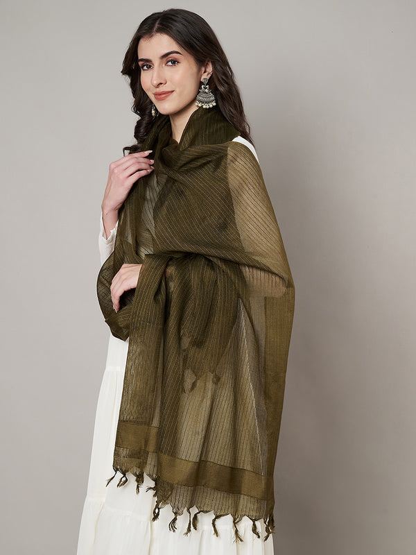 Elegant Bottle Green Cotton Dupatta with Subtle Woven Stripes & Tassel Detailing (Size: 2.5x1 m Approx)