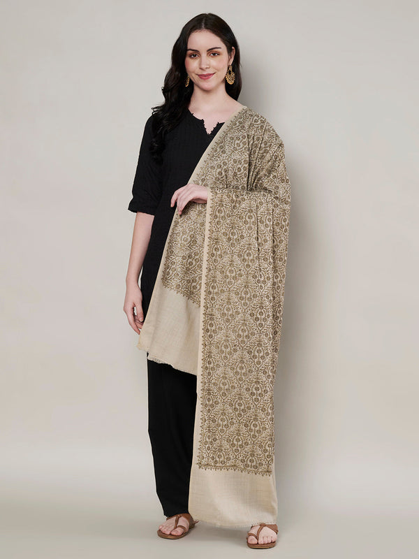 Woolen Women Shawl in Beige with All-Over Floral Jaal Weave (80 x 40 Inches)