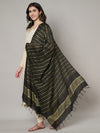 Black & Olive Cotton Dupatta with Subtle Striped Weave and Woven Border (Size: 2.5x1 m Approx)