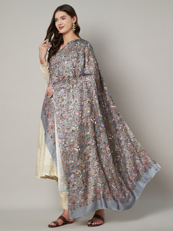 Printed Bamboo Silk Women Shawl – Grey Floral Statement Wrap (80 x 40 Inches)