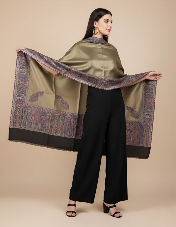 Bamboo Silk Gold Women Shawl with Intricate Paisley Border | Elegant Heritage Wrap (80 × 40 Inches)
