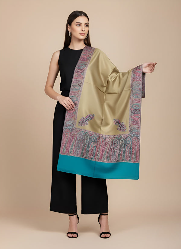 Bamboo Silk Gold Women Shawl with Intricate Paisley Border | Elegant Heritage Wrap (80 × 40 Inches)
