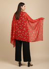 Micro Wool Red Feather Motif Women Stole | Soft Wrap with Subtle Woven Accents (80 × 28 Inches)