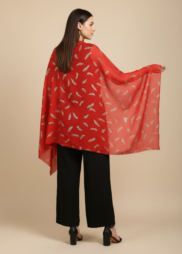 Micro Wool Red Feather Motif Women Stole | Soft Wrap with Subtle Woven Accents (80 × 28 Inches)