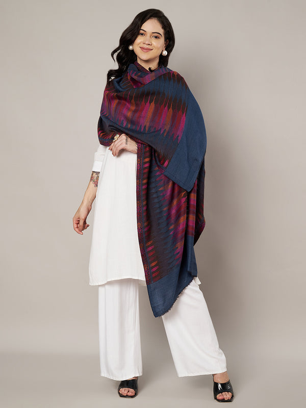 Woolen Women Stole with Ikat-Inspired Woven Motifs | Elegant Ethnic Wrap (80 × 28 Inches)