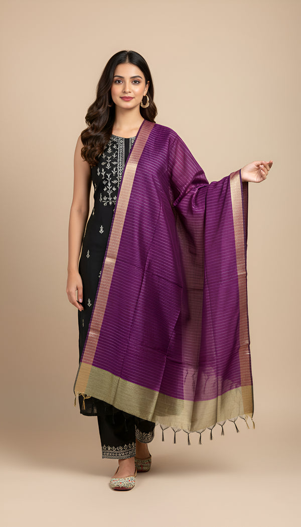 Purple Striped Silk Dupatta with Zari Border | Elegant Ethnic Drape (2.5 Metres Approx.)