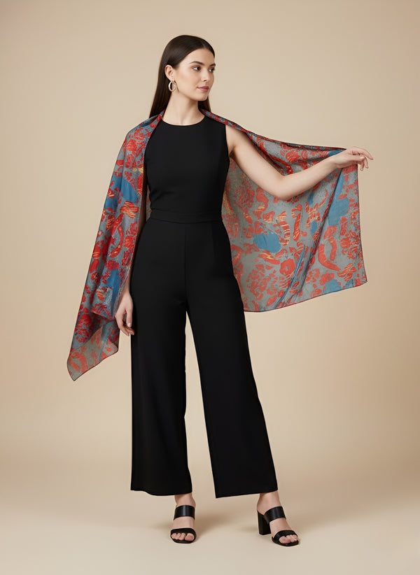Printed Silk Women Stole with Artistic Motif Design | Elegant Lightweight Wrap (80 × 28 Inches)