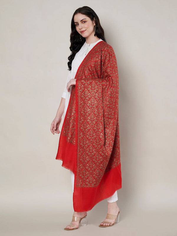Woolen Women Shawl in Red with All-Over Floral Jaal Weave (80 x 40 Inches)