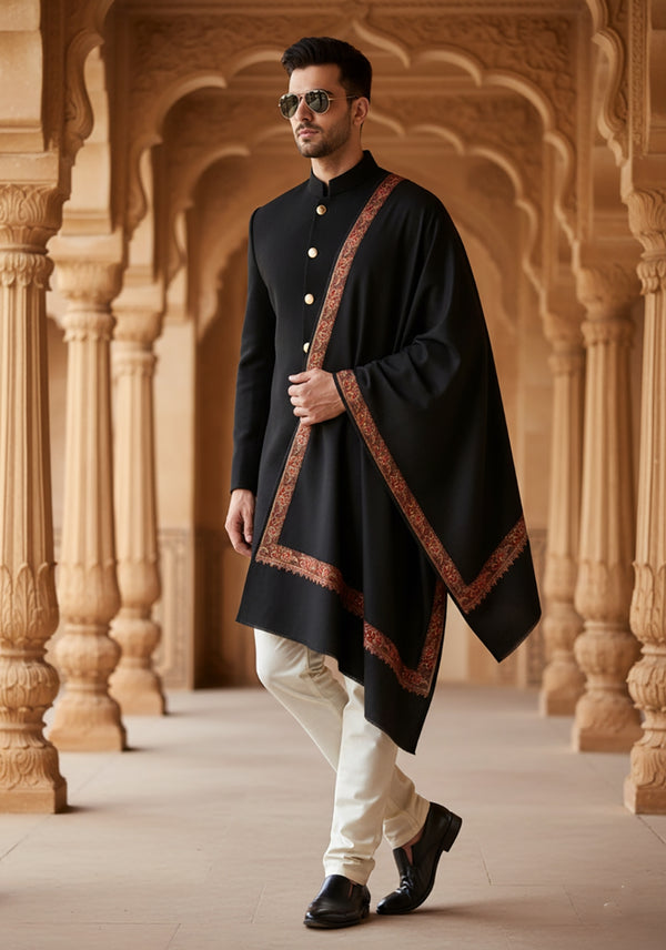 Classic Woolen Mens Shawl with Embroidered Border in Rich Black (80 x 40 Inches)