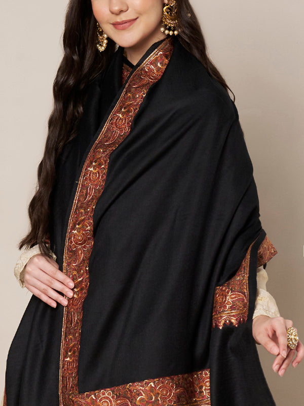 Woolen Women Shawl in Black with Embroidered Traditional Border (80 x 40 Inches)