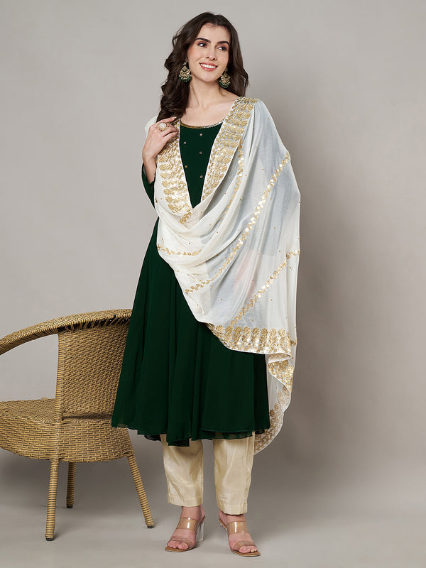 White Chinon Dupatta with Gota Patti Border & Sequin Detailing (Size: 2.5x1 m Approx)